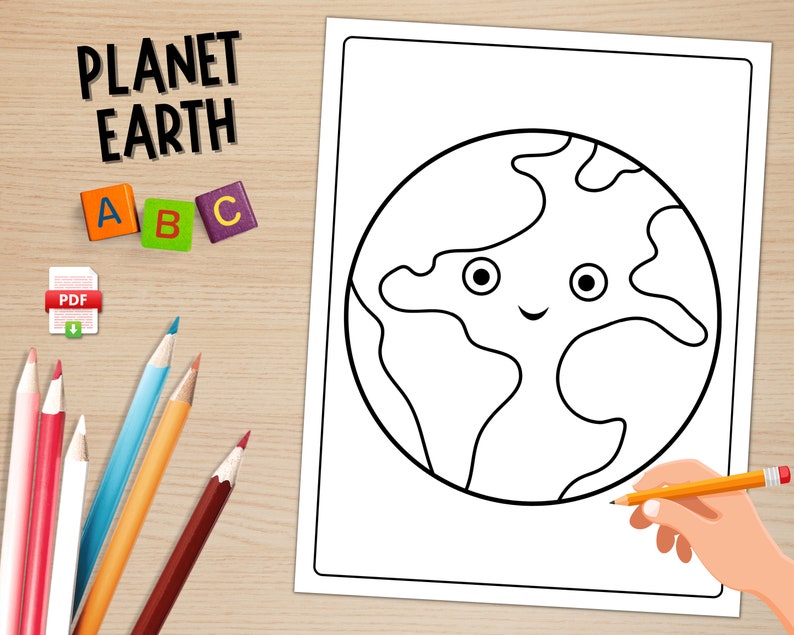 May include: A black and white coloring page featuring a cartoon Earth with a smiling face and continents. The words "PLANET EARTH" are written at the top of the page.