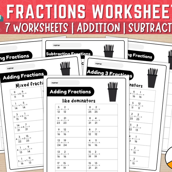 Adding and Subtracting Fractions Printable Math Worksheets, Grade 4th 5th 6th Fractions Worksheets, Fractions Addition, Fraction Subtraction