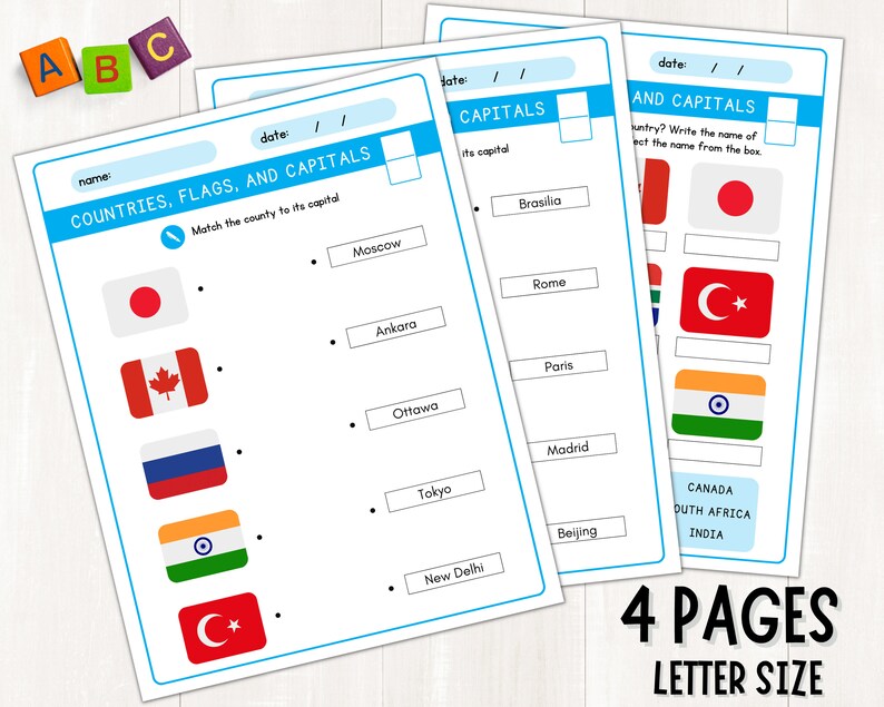 Countries Flags and Capitals Worksheets, Printable Countries of the