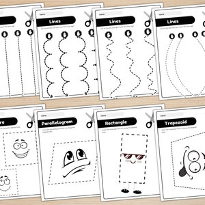 May include: A printable worksheet for kids to practice cutting along dashed lines. The worksheet includes four pages with different line patterns and four pages with different shapes: square, parallelogram, rectangle, and trapezoid. Each shape has a cartoon face.