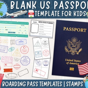 Afdrukbaar Amerikaans paspoort voor kinderen, boek voor paspoorten voor reizen, paspoort- en instapkaartsjablonen, sjabloon Amerikaans Amerikaans paspoort, postzegels