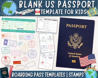 Printable US Passport for Kids, Pretend Passport Book for Travel, Passport & Boarding Pass Templates, American US Passport Template, Stamps