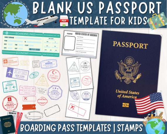 Printable US Passport for Kids, Pretend Passport Book for Travel, Passport  & Boarding Pass Templates, American US Passport Template, Stamps 