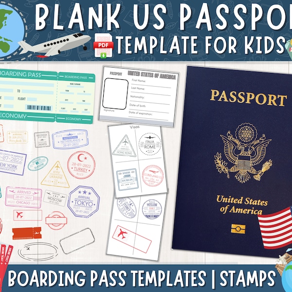 Printable US Passport for Kids, Pretend Passport Book for Travel, Passport & Boarding Pass Templates, American US Passport Template, Stamps