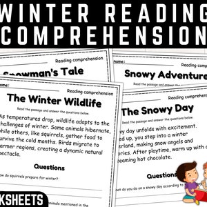 May include: Black and white printable worksheets for reading comprehension. The worksheets feature winter-themed stories, such as "The Snowman's Tale", "Snowy Adventures", "The Winter Wildlife", and "The Snowy Day". Each worksheet includes a short passage and questions to test reading comprehension.
