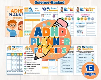 May include: ADHD planner for kids with 13 pages. The planner includes sections for daily routines, chores, and a calm-down plan. The cover features a cartoon illustration of children and a large pencil graphic.