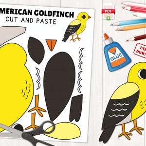 Printable Goldfinch Craft Template for Kids | Spring Bird Activity | Goldfinch Coloring Page | Color, Cut and Paste | Bird Craft | PDF