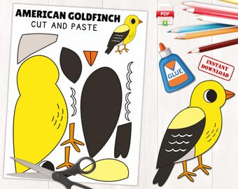 Printable Goldfinch Craft Template for Kids | Spring Bird Activity | Goldfinch Coloring Page | Color, Cut and Paste | Bird Craft | PDF