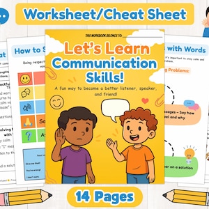 Puede incluir: Un cuaderno de trabajo educativo colorido titulado "Let's Learn Communication Skills!" con ilustraciones de niños. El cuaderno de trabajo incluye 14 páginas y está diseñado para enseñar a escuchar, hablar y habilidades de amistad. Se ven hojas de trabajo adicionales.