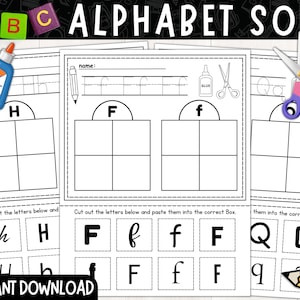 Hojas de trabajo de clasificación de letras alfabéticas / Clasificación de letras minúsculas y mayúsculas / Actividad de reconocimiento de letras de clasificación alfabética / Descarga instantánea