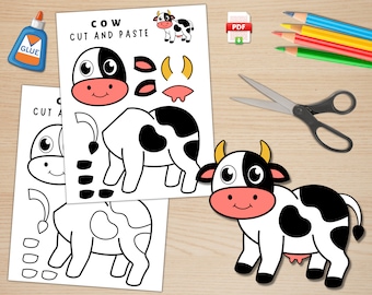 Artigianato con mucche stampabili / Artigianato con animali da fattoria / Attività agricole / Colora, taglia e incolla / Mucca di carta / Download digitale / PDF