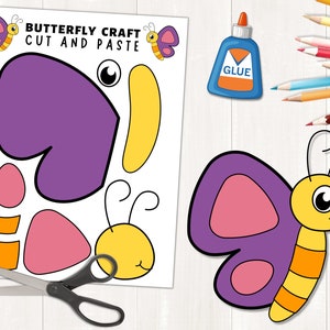Plantilla de artesanía de mariposas, imprimible, actividades de primavera, artesanía de insectos, actividad de corte y pegamento de mariposas, construir una mariposa, carta de EE. UU., tamaño A4