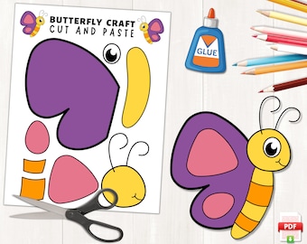 Butterfly Craft Template, Printable, Spring Activities, Insect Craft, Butterfly Cut & Glue Activity, Build a Butterfly, US Letter, A4 Size