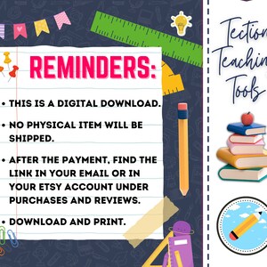 May include: A digital download reminder with a list of instructions for purchasing and downloading the product. The text reads: "REMINDERS: THIS IS A DIGITAL DOWNLOAD. NO PHYSICAL ITEM WILL BE SHIPPED. AFTER THE PAYMENT, FIND THE LINK IN YOUR EMAIL OR IN YOUR ETSY ACCOUNT UNDER PURCHASES AND REVIEWS. DOWNLOAD AND PRINT."
