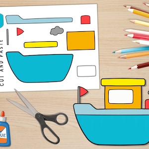 Plantilla de artesanía de barcos, actividades de transporte, artesanía de cortar y pegar de barcos para niños, actividad de artesanía de vehículos, construir un barco, carta de EE. UU., tamaño A4