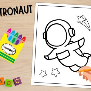 May include: A black and white coloring page of an astronaut floating in space with stars. The astronaut is wearing a space suit and has a helmet on. The words "ASTRONAUT" are written at the top of the page.