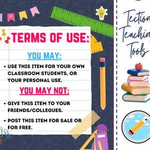 K&ouml;nnte beinhalten: Ein blaues und wei&szlig; gestreiftes Blatt Papier mit dem Text "TERMS OF USE: YOU MAY: &bull; USE THIS ITEM FOR YOUR OWN CLASSROOM STUDENTS, OR YOUR PERSONAL USE. YOU MAY NOT: &bull; GIVE THIS ITEM TO YOUR FRIENDS/COLLEGUES. &bull; POST THIS ITEM FOR SALE OR FOR FREE." Das Papier ist von bunten Dekorationen umgeben, darunter ein Lineal, ein Bleistift, eine Schere und ein Stapel B&uuml;cher.