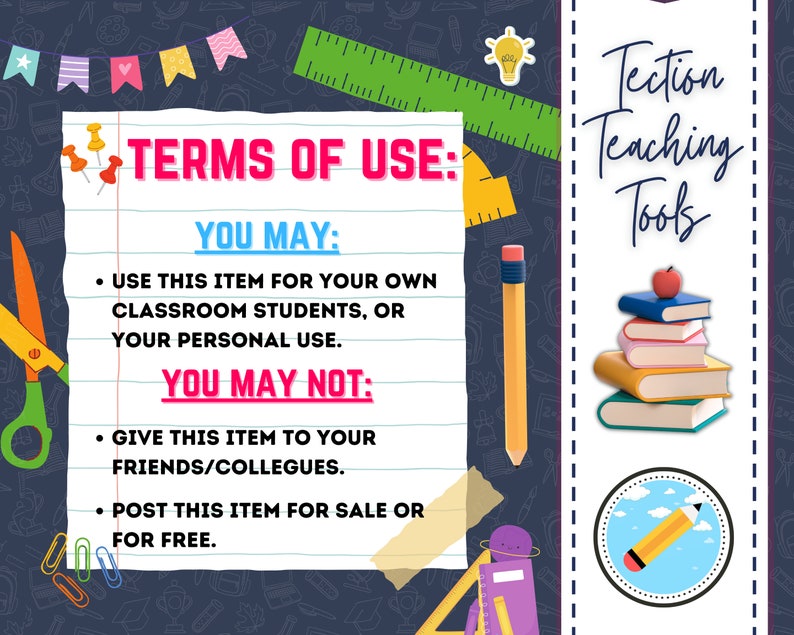 K&ouml;nnte beinhalten: Ein blaues und wei&szlig; gestreiftes Blatt Papier mit dem Text "TERMS OF USE: YOU MAY: &bull; USE THIS ITEM FOR YOUR OWN CLASSROOM STUDENTS, OR YOUR PERSONAL USE. YOU MAY NOT: &bull; GIVE THIS ITEM TO YOUR FRIENDS/COLLEGUES. &bull; POST THIS ITEM FOR SALE OR FOR FREE." Das Papier ist von bunten Dekorationen umgeben, darunter ein Lineal, ein Bleistift, eine Schere und ein Stapel B&uuml;cher.