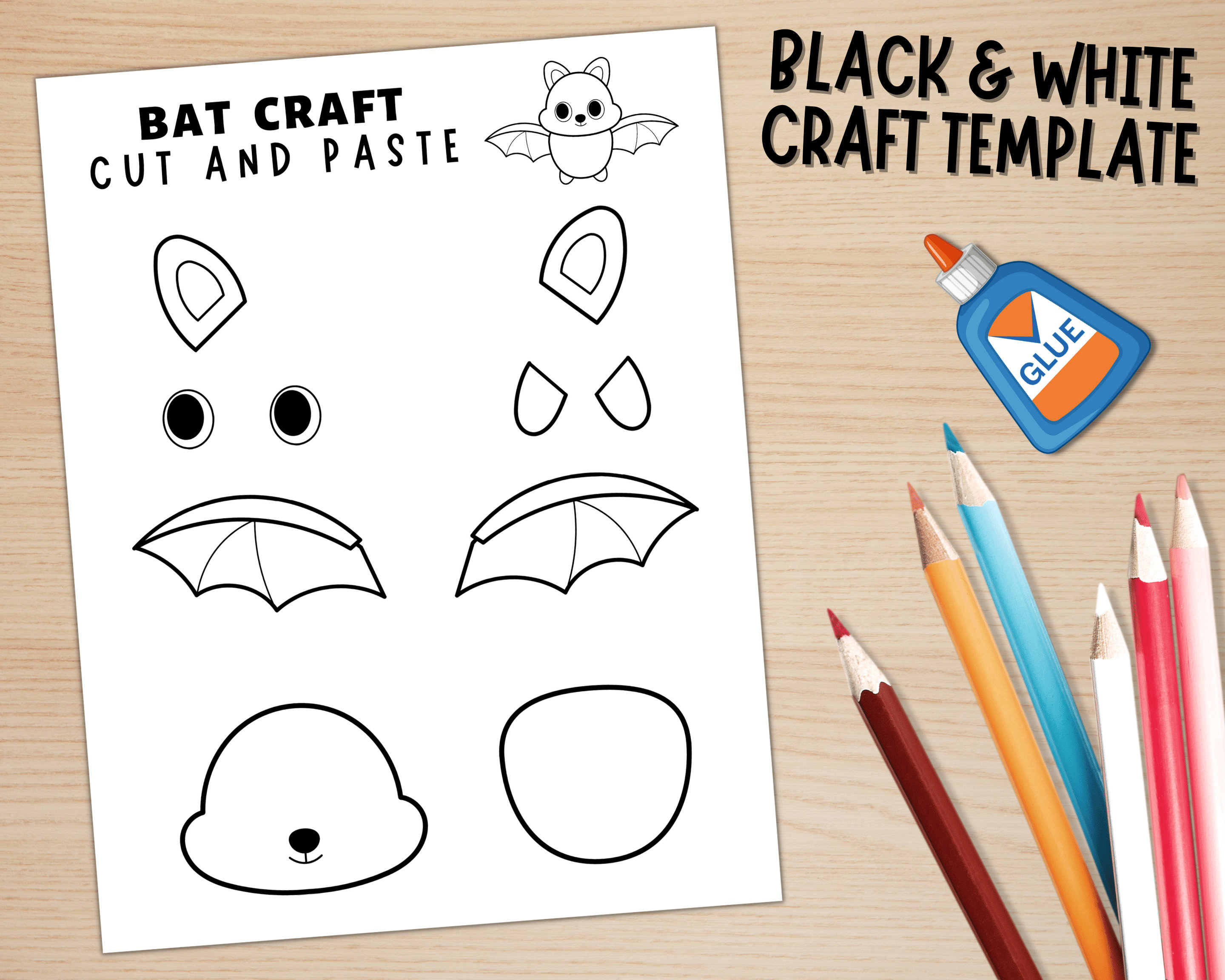 Bat Craft Printable Template, Halloween Craft, Bat Coloring Page, Build