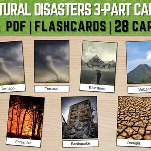 Printable Natural Disasters Flashcards, Types of Natural Disasters Montessori 3-Parts Card, Natural Disasters Vocabulary Flashcards