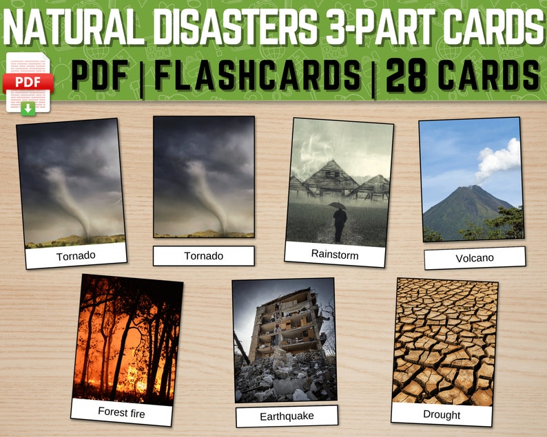 Printable Natural Disasters Flashcards, Types of Natural Disasters Montessori 3parts Card