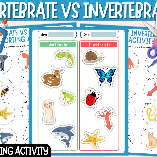 Vertebrates and Invertebrates Sorting Activity | Animal Classification Cut & Paste Printable Worksheets | Digital Download | PDF