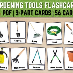 Afdrukbare Flashcards voor tuingereedschap, Montessori 3-delige kaart voor tuingereedschap, Flashcards voor woordenschat nomenclatuur van tuingereedschap
