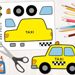 Artesanato de táxi para impressão | Artesanato de Transporte | Construir um táxi | Atividade de recortar e colar para crianças | Artesanato de papel de táxi de táxi | Habilidades de tesoura