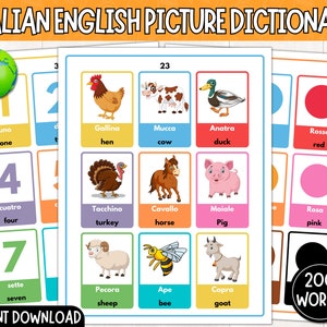 Puede incluir: Un conjunto de tarjetas didácticas coloridas para aprender palabras en italiano e inglés. Las tarjetas presentan ilustraciones de animales, números y colores con las palabras correspondientes en italiano e inglés.