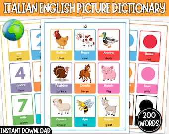 Printable Italian-English Picture Dictionary | My First 200 Italian Words | Learn Italian for Kids | Italian Flashcards | Digital Download