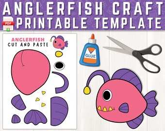 May include: Printable anglerfish craft template. Cut and paste the pieces to create a pink anglerfish with purple fins and a yellow lure. The template includes a pair of scissors, glue, and the text "Anglerfish Cut and Paste".