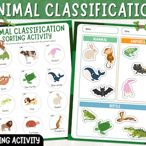 May include: A printable worksheet for children to learn about animal classification. The worksheet features pictures of various animals, including a cow, a sloth, a sea turtle, a blue whale, a rabbit, a dog, a gecko, a tortoise, and a kangaroo. The worksheet also includes a section for the child to paste the pictures into the correct column, labelled "Mammal", "Amphibia", and "Reptile".