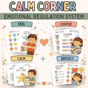 Op de afbeelding: Een kleurrijke illustratie getiteld "CALM CORNER EMOTIONAL REGULATION SYSTEM". Het bevat grafieken met instructies voor het beheersen van emoties, waaronder "FEEL", "CHOOSE" en "REFLECT". De afbeelding bevat cartoonkinderen en verschillende kalmeringstechnieken.