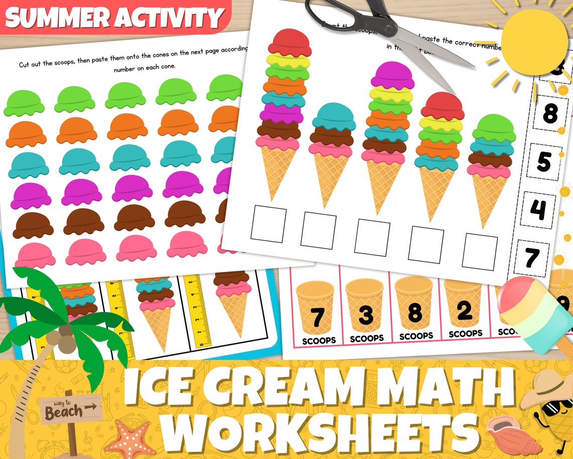 Summer Ice Cream Math Worksheets: Fun Counting, Cut and Paste, and ...