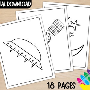 May include: A set of 18 black and white coloring pages featuring space-themed illustrations. The pages include a spaceship, a moon, stars, and a rocket. The pages are designed for children to color.