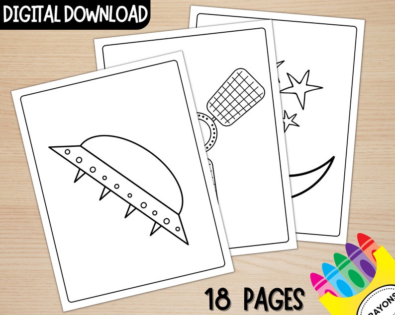 May include: A set of 18 black and white coloring pages featuring space-themed illustrations. The pages include a spaceship, a moon, stars, and a rocket. The pages are designed for children to color.