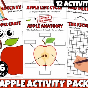 May include: A printable activity pack for children featuring 12 apple-themed activities. The pack includes activities such as matching apples and juice, drawing an apple, and learning about the anatomy of an apple. The pack has 26 pages and is an instant download.