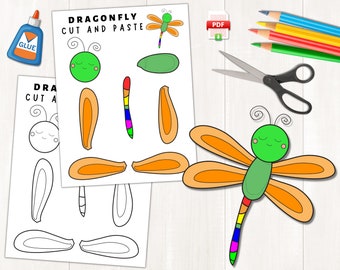 Afdrukbare Dragonfly Craft voor kinderen | Lenteactiviteiten | Insectenambacht | Kleur, knip en plak | Libel papiermodellen | Digitaal downloaden