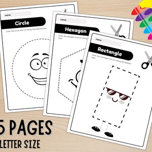 May include: Black and white printable worksheet with three shapes: a circle, a hexagon, and a rectangle. Each shape has a face drawn on it and dashed lines around the outside. The text "name" is at the top of each worksheet. The text "Color the [shape] and cut along the dashed lines" is below each shape.