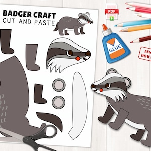 Könnte beinhalten: Eine druckbare Dachs-Bastelvorlage für Kinder. Die Druckvorlage enthält eine Dachs-Ausschneidevorlage mit verschiedenen Körperteilen zum Ausschneiden und Aufkleben. Die Druckvorlage enthält auch die Wörter "Badger Craft" und "Cut and Paste".
