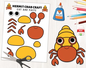 Op de afbeelding: Printbare heremietkrab-knutsel voor kinderen. Knip de stukken uit en plak ze samen om een kleurrijke heremietkrab te maken. De knutsel bevat een schelp, ogen, poten en klauwen.