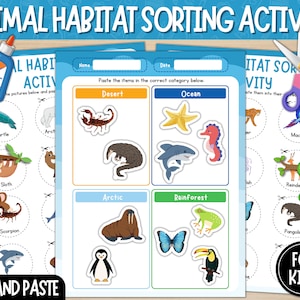 Animal Habitats Sorting Activity | Cut & Paste | Animal Habitats Printable Worksheets | Animals and Their Habitats Matching Activity | PDF