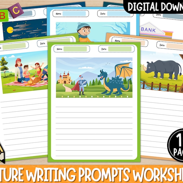 Picture Writing Prompts | Creative Writing Activity | 16 Picture Prompts | Write A Story Printable Worksheets | Digital Download | PDF