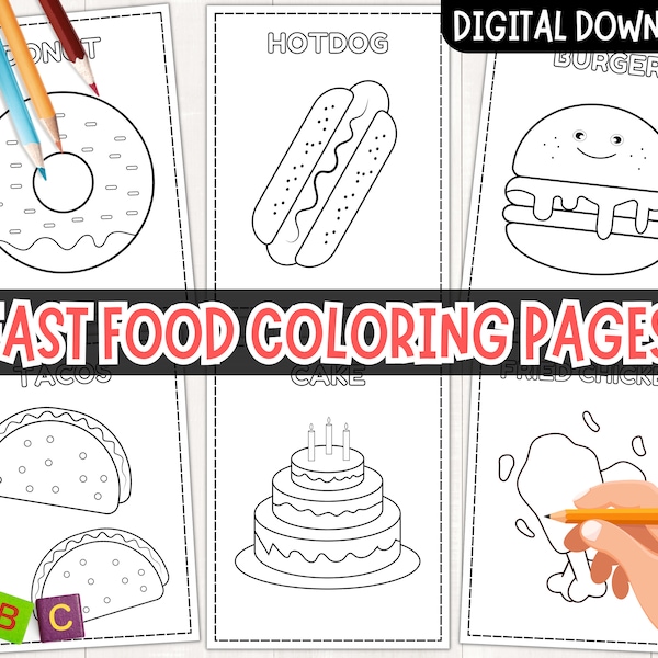 Printable Fast Food Coloring Pages For Kids, Junk Food Coloring Sheets, Burger, Pizza, Ice Cream, Soda ..., Instant Download, PDF