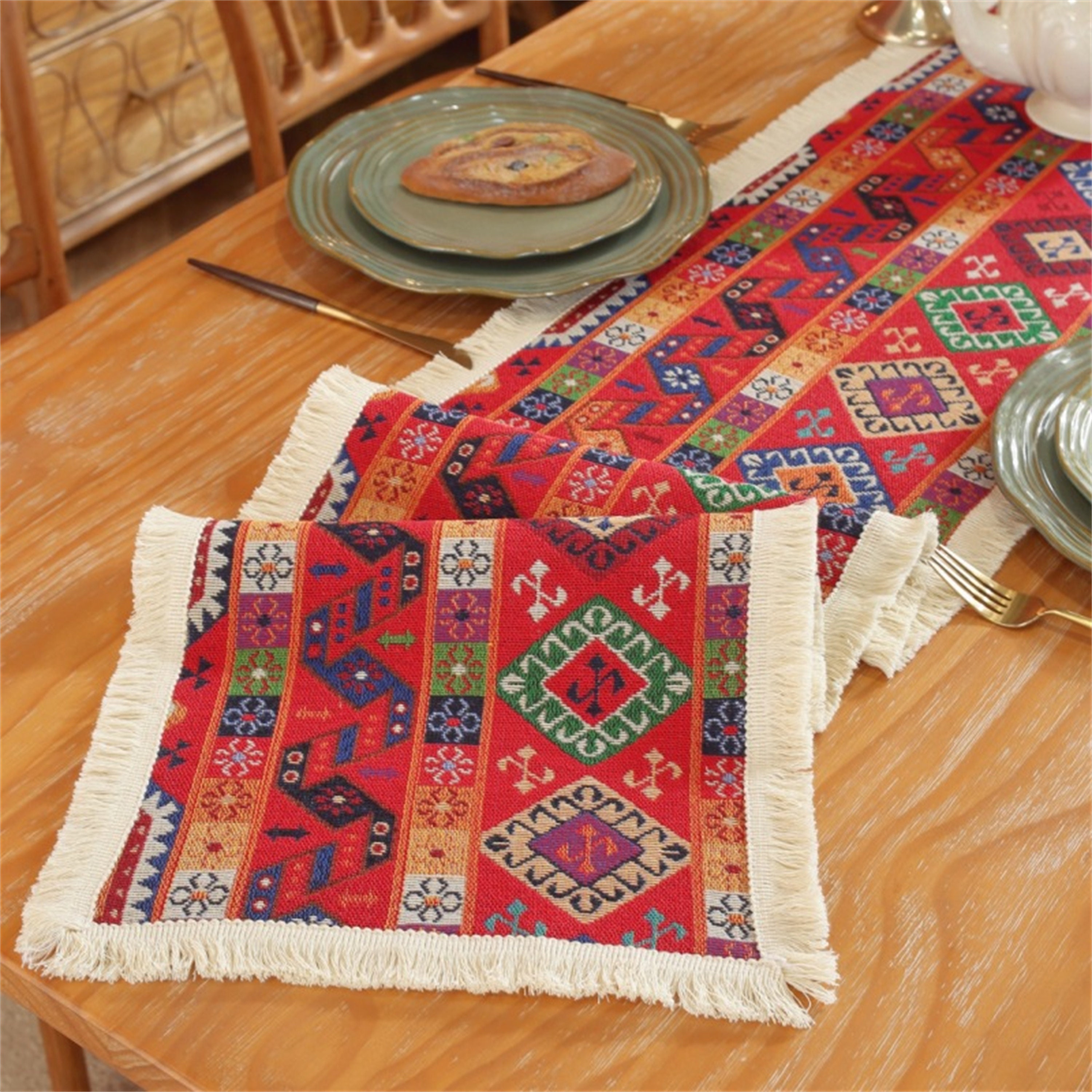 Red Boho Table Runner. Fresh Farmhouse Cotton Polyester Table Etsy