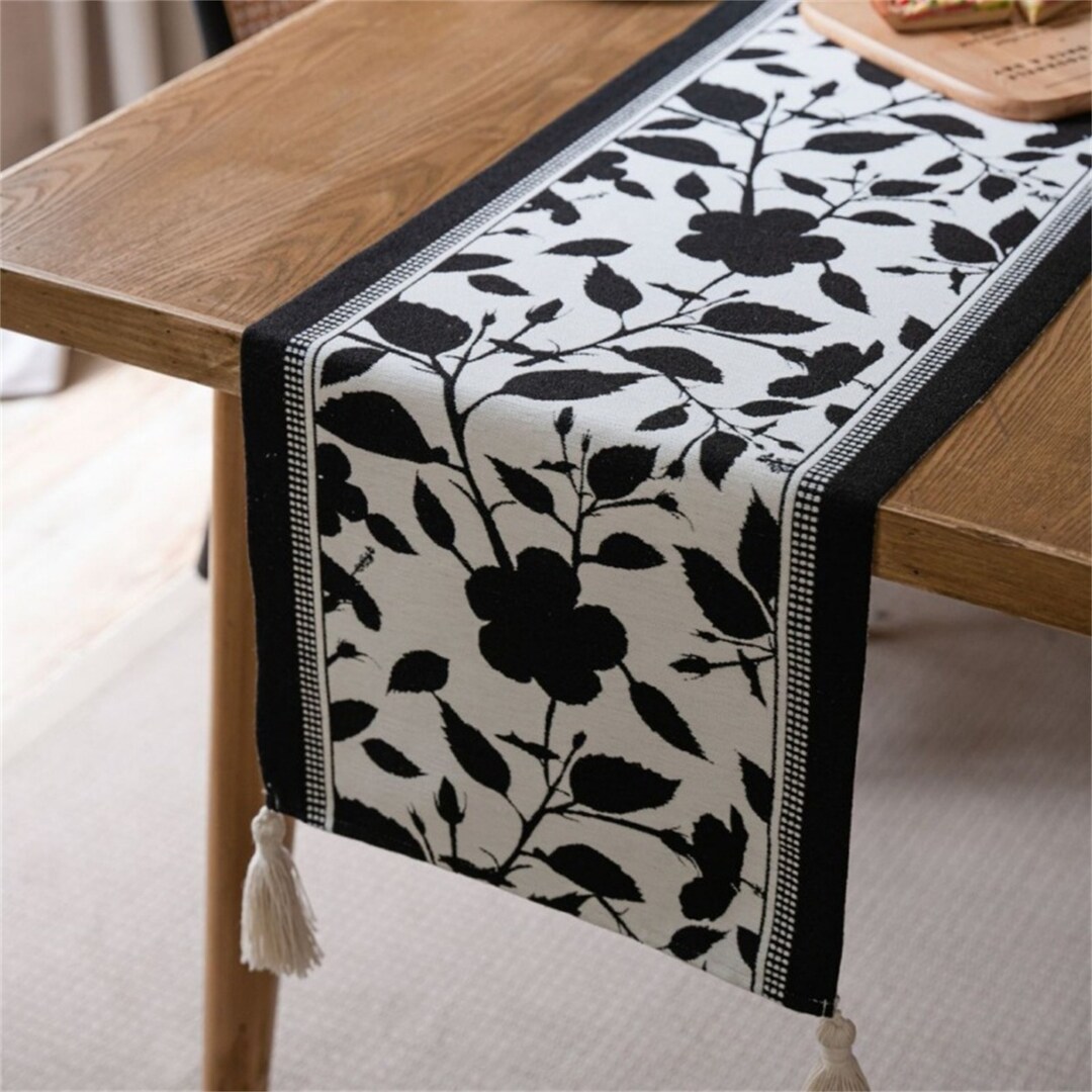 Black Floral Linen and Cotton Table Runner. Farmhouse Floral Table