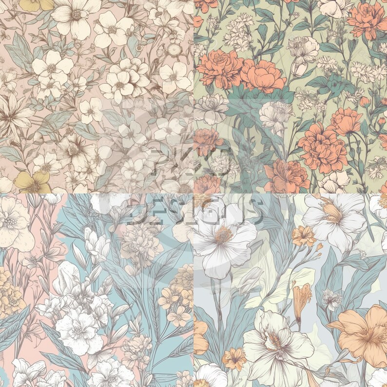 12"x12" Spring Floral Seamless Patterns - Digital Pattern Bundle for ...