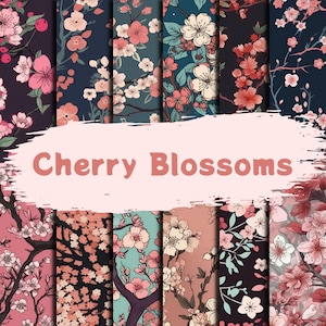 May include: A digital collage of 10 different patterns featuring pink and white cherry blossoms on a dark background. The text "Cherry Blossoms" is written in pink on a white background.
