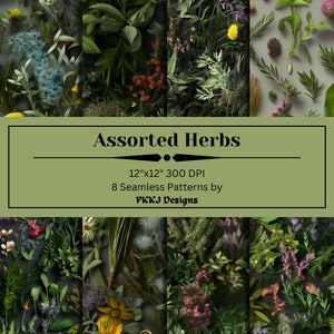 May include: A digital art piece featuring a collection of assorted herbs. The image is divided into sections showcasing various green herbs with different textures and colors. Text reads "Assorted Herbs" and "12"x12" 300 DPI, 8 Seamless Patterns by PKKJ Designs."