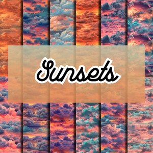 May include: A collage of nine images featuring vibrant sunsets with fluffy clouds in shades of pink, orange, blue, and purple. The word "Sunsets" is written in a stylized font across the center of the collage.